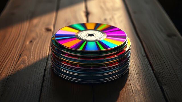 Background of a stack of colorful compact discs on a wooden table, compact disc, colorful, decorative, flat lay, vinyl free