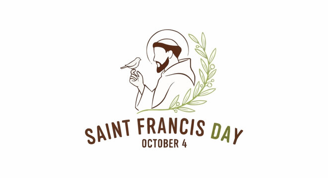Celebrate Saint Francis Day on October 4th with this minimalist line art illustration of Saint Francis holding a bird and surrounded by olive branches, perfect for social media