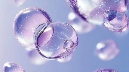 Transparent, iridescent spheres float against a soft blue background, creating an ethereal and scientific visual effect.