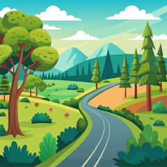 Obraz premium Vibrant cartoon countryside landscape with winding road and lush greenery vector illustration