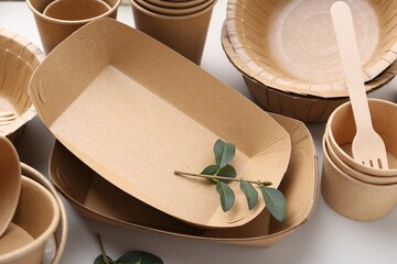 Set of disposable tableware and green leaves on white background, closeup
