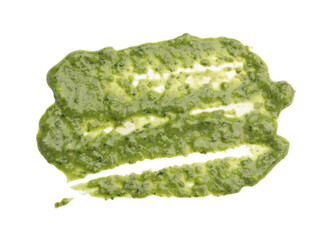 Sample of tasty pesto sauce isolated on white, top view