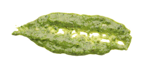 Sample of tasty pesto sauce isolated on white, top view