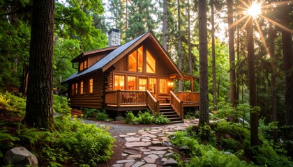 Cozy log cabin nestled in a forest
