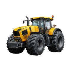 Obraz premium Modern yellow agricultural tractor with large rugged tires, heavy farm machinery for field work, plowing, harvesting, transport, and farming industry