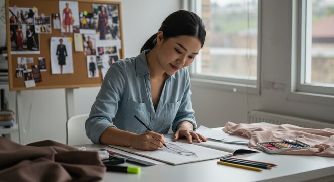 Creative designer sketching fashion concepts in bright space modern workspace artistic perspective