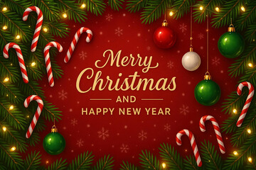 Festive Holiday Cheer: A captivating holiday display featuring candy canes, colorful ornaments, and twinkling lights artfully arranged against a festive red backdrop.
