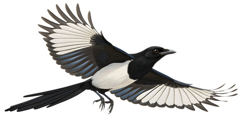 Magpie PNG – Realistic Flying Black and White Bird on Transparent Background