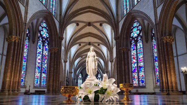 Virgin mary statue with white lilies standing in a gothic cathedral interior, repeating in a symmetrical mosaic pattern creating a spiritual and religious collage effect
