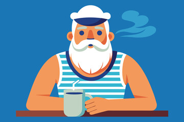 Cartoon Sailor with White Beard, Wearing Striped Shirt, Enjoying a Drink with Steam Rising