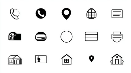 A collection of minimalist black and white icons representing various symbols and objects, including communication tools, location markers, buildings, and everyday items.