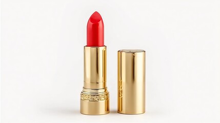 A vibrant red lipstick with a gold casing displayed against a clean white background, showcasing its elegant design and bold color.