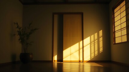 Traditional Korean Hanok Sliding Door with Bamboo Silhouette at Sunrise
