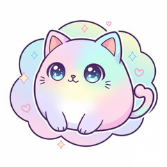 Fototapeta premium A whimsical and magical illustration of a cute pastel rainbow kitten resting on a fluffy cloud, embodying a dreamy fantasy concept