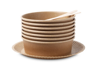 Set of disposable tableware isolated on white