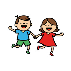 Joyful Cartoon Children Holding Hands and Running Together