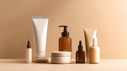 A collection of various skincare and beauty products displayed on a neutral background, featuring tubes, bottles, and jars in soft, earthy tones.