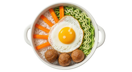 Isolated homemade bibimbap bowl with sunny side up egg, noodles, rice, meatballs and carrots