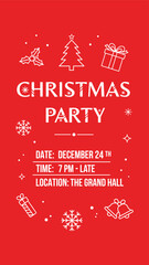 Christmas party invitation flyer poster with minimalist white line icons on red background.