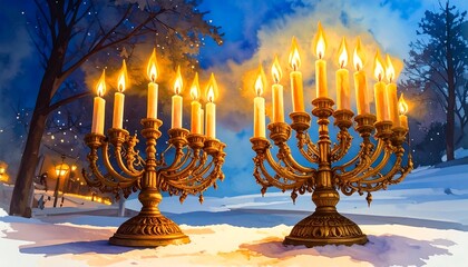 Two lit menorahs stand in the snow at dusk. Light illuminates the night scene