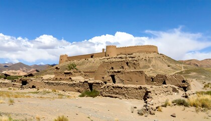 Old mud brick fort sits atop a dry, arid hill beneath a bright blue sky with clouds