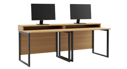 Isolated Wooden Office Desk with Two Displays, Modern Workspace, Minimalist Style, Business Setup