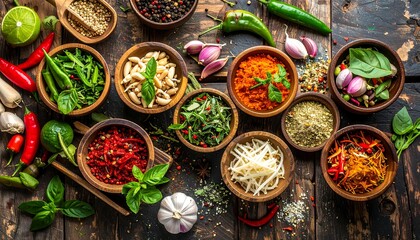 Colorful spices and herbs on rustic wood