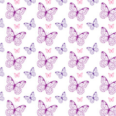 Seamless vector pattern of pink and purple butterflies for spring, summer, textile design, wrapping paper, wallpaper, scrapbooking, and decorative projects.