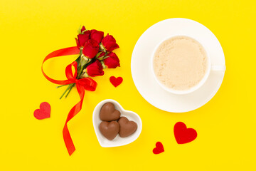 Morning breakfast for Valentines day on color background, top view