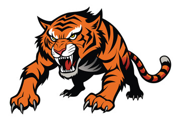 Illustration of an Aggressive Tiger Prowling with an Intense Gaze and Bared Teeth