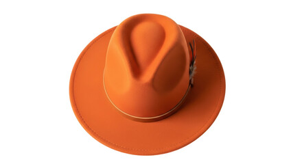 Isolated orange felt fedora hat, wool brimmed headwear, vintage fashion accessory for men