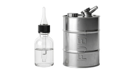 Isolated clear liquid in a glass bottle and a metal fuel canister for commercial use