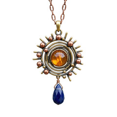 Ornate sunburst pendant with amber and blue gemstone isolated on transparent background