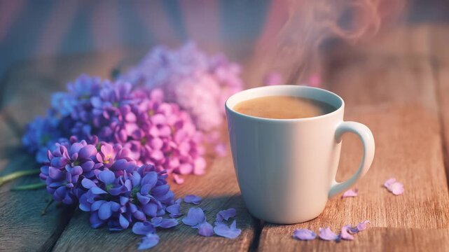 Aromatic coffee mug nestled beside soft hydrangea blossoms on weathered wooden surface. Gentle steam rising, creating serene morning atmosphere with blurred warm background.