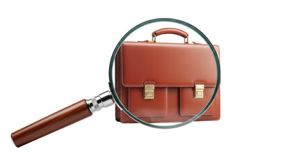 Isolated professional leather briefcase is examined with magnifying glass for business