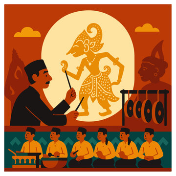 Dalang Wayang Kulit &mdash; Javanese Shadow Puppet Show with Gamelan and Audience (Vector)