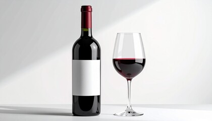Elegant Red Wine Presentation with Bottle and Glass on Minimalist White Background