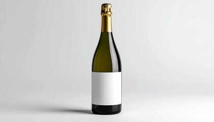 Elegant green bottle of sparkling wine with gold foil and a blank white label for branding mockups, isolated on a clean studio background