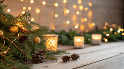 Festive Christmas background with blurred golden fairy lights, pine branches, and cozy warm glow, perfect for holiday marketing, social media banners, and greeting card designs.