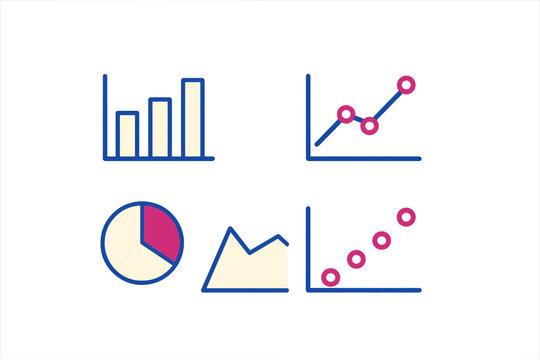 Diverse set of business data visualization charts including bar, line, pie, and scatter graphs for financial analysis