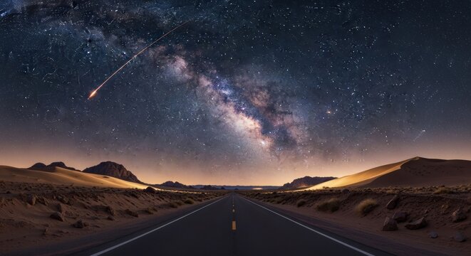 Desert road stretches to horizon beneath Milky Way, shooting star streaks across