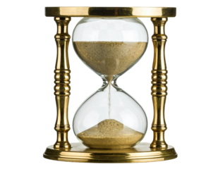 Golden hourglass with ornate details marking the passage of time, isolated on a transparent background