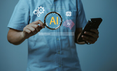 Businessman using magnifying glass to analyze artificial intelligence concept with digital icons, big data, and machine learning innovation technology for business solutions.