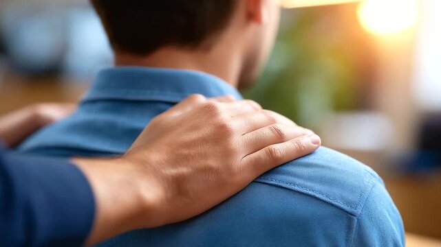 A compassionate therapy group supporting a crying participant hands gently placed on shoulders warm soft light emphasizing empathy composition symbolizing emotional healing com