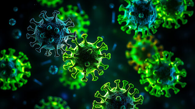 A highly detailed microscopic image capturing the true essence of Lassa fever, a disease endemic in West Africa caused by arenaviruses. 