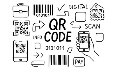 Qr code doodle collection with smartphone and digital elements