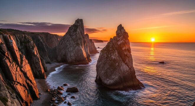 Dramatic cliffs meet sea under golden sunset, waves crashing - Powered by Adobe