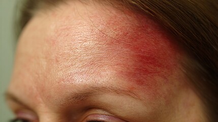 Obraz premium Forehead Swelling and Redness: Close-Up After Morning Face-Washing, Bruising Hinting at Recent Impact from Table Edge Collision