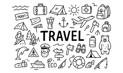 Hand drawn travel icons featuring camping and adventure elements