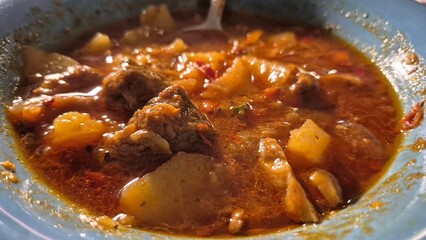 Rich, close-up shot of a hearty, spicy stew or curry, likely beef or mutton with potatoes, in a rustic bowl under warm light.